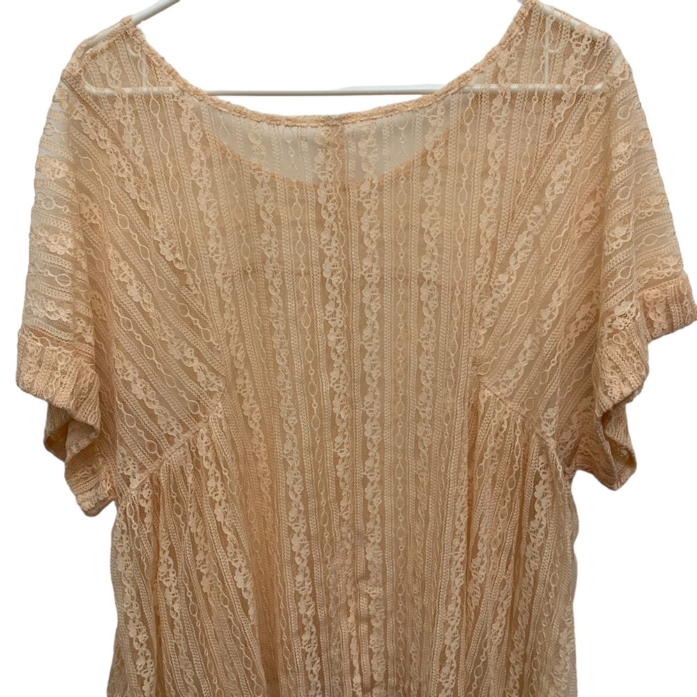Free People Sheer Lace Boho Blouse Peach Boxy Top Large Romantic Festival - Picture 7 of 13